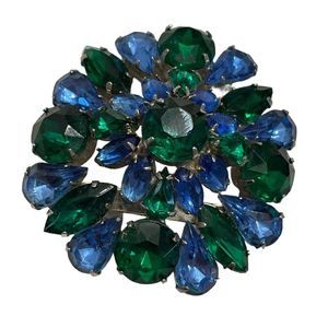 Vintage Green Blue Large rhinestones domed Coneflower Brooch Estate Pin